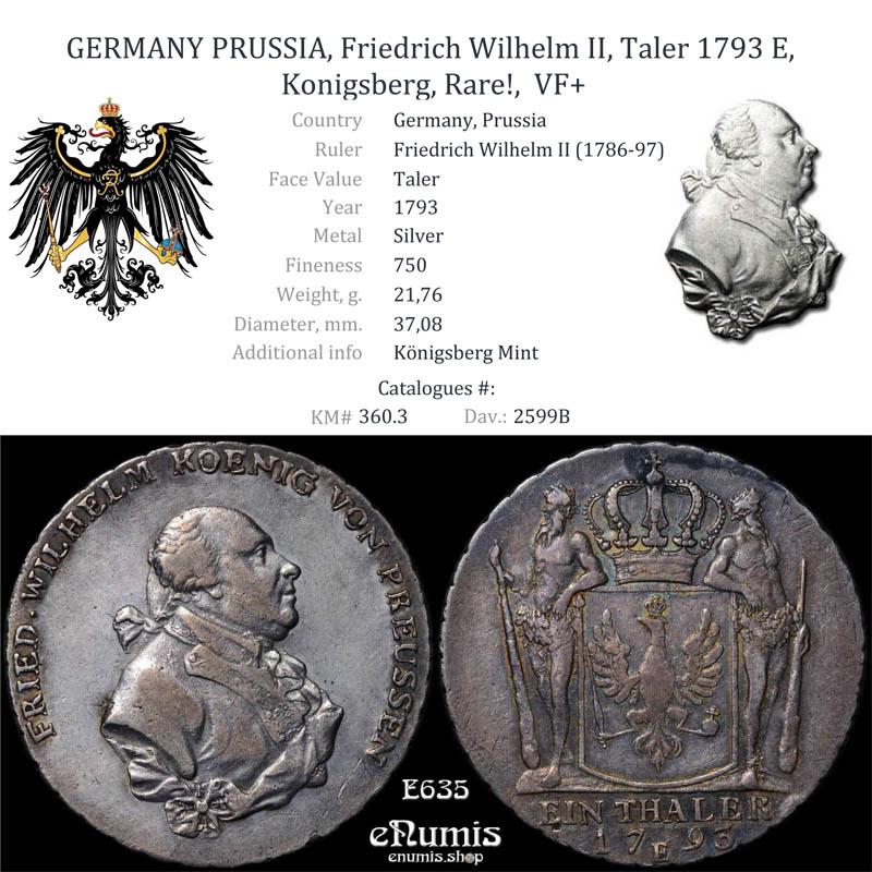 GERMANY PRUSSIA, Friedrich Wilhelm II, Taler 1793 E, Konigsberg, Rare!, VF+