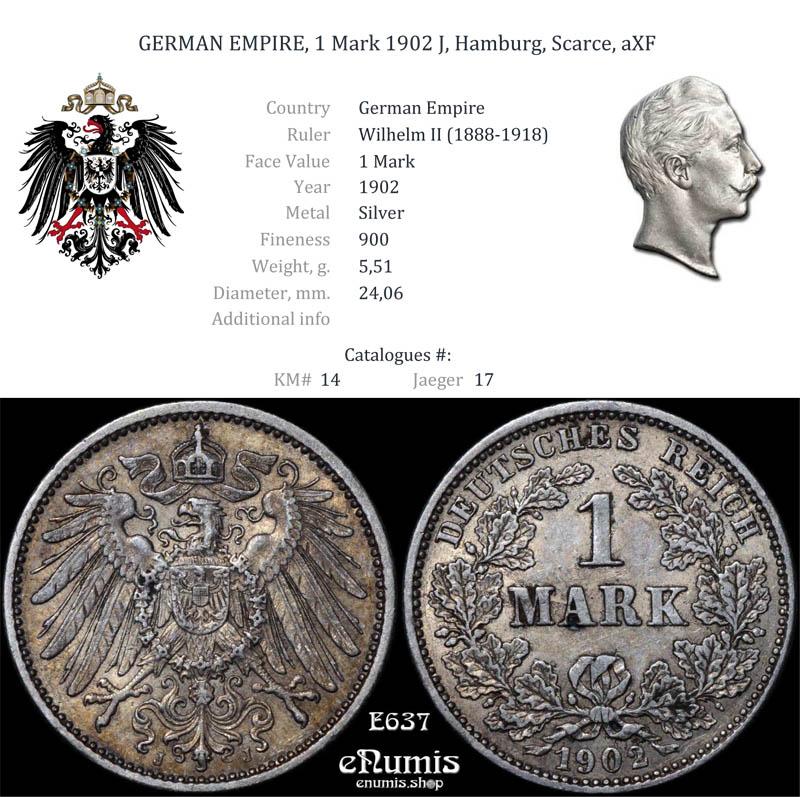 GERMAN EMPIRE, 1 Mark 1902 J, Hamburg, Scarce, aXF