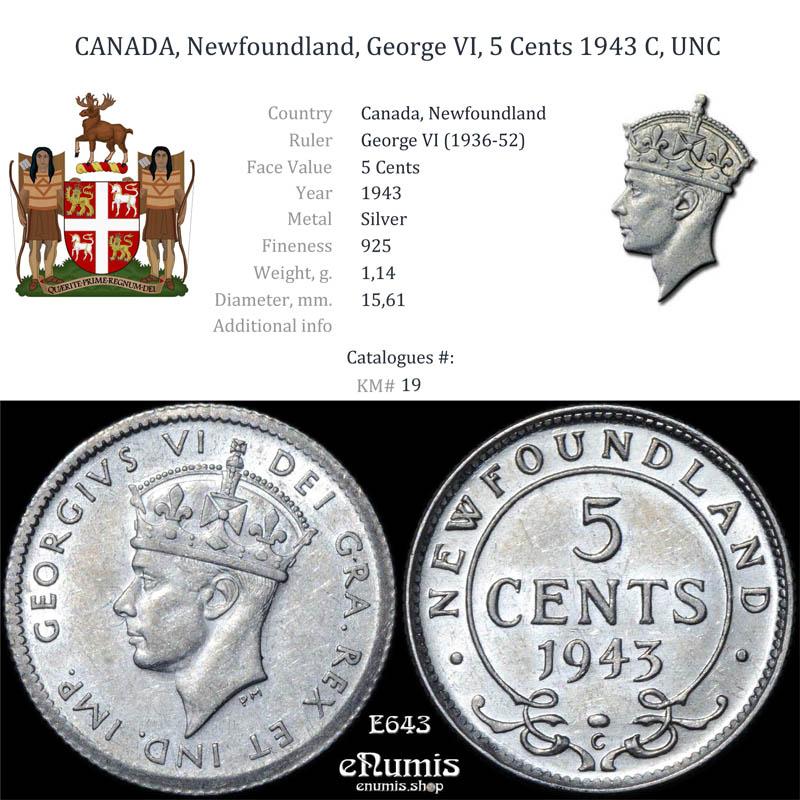 CANADA, Newfoundland, George VI, 5 Cents 1943 C, UNC