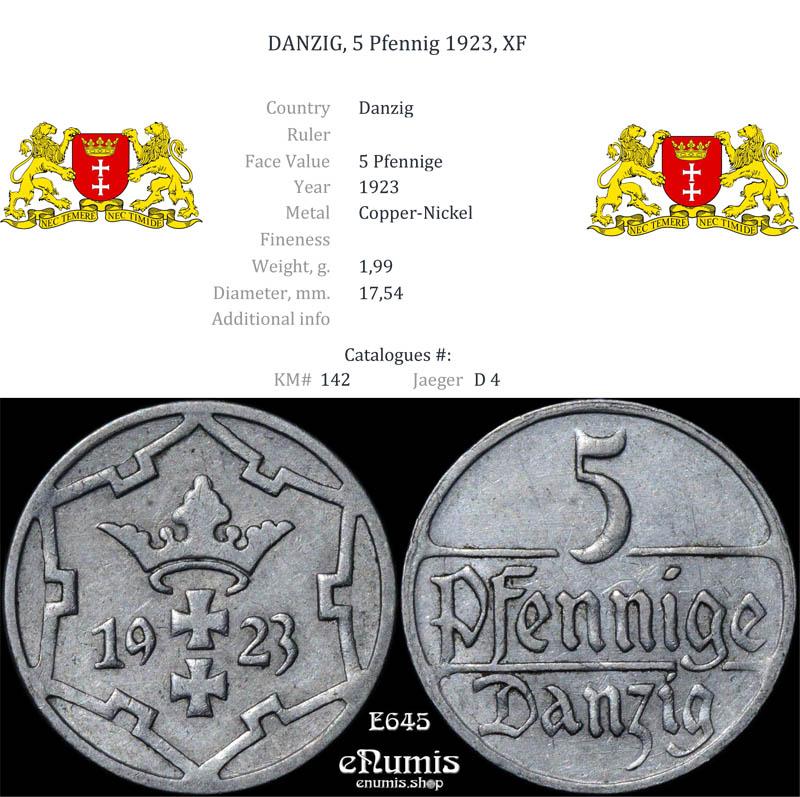 DANZIG, 5 Pfennig 1923, XF
