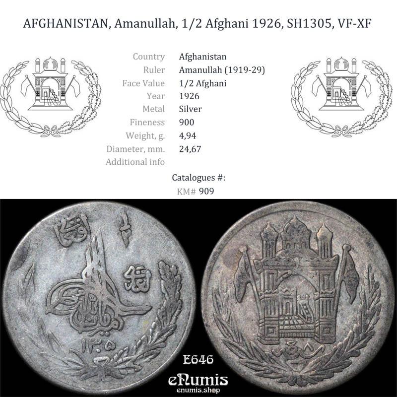 AFGHANISTAN, Amanullah, 1/2 Afghani 1926, SH1305, VF-XF