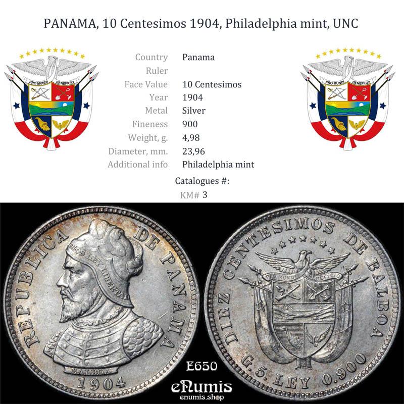PANAMA, 10 Centesimos 1904, Philadelphia mint, UNC