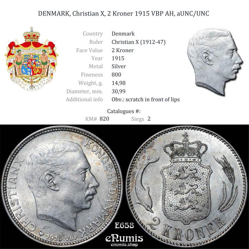 DENMARK, Christian X, 2 Kroner 1915 VBP AH, aUNC/UNC