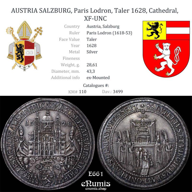 AUSTRIA SALZBURG, Paris Lodron, Taler 1628, Cathedral, XF-UNC