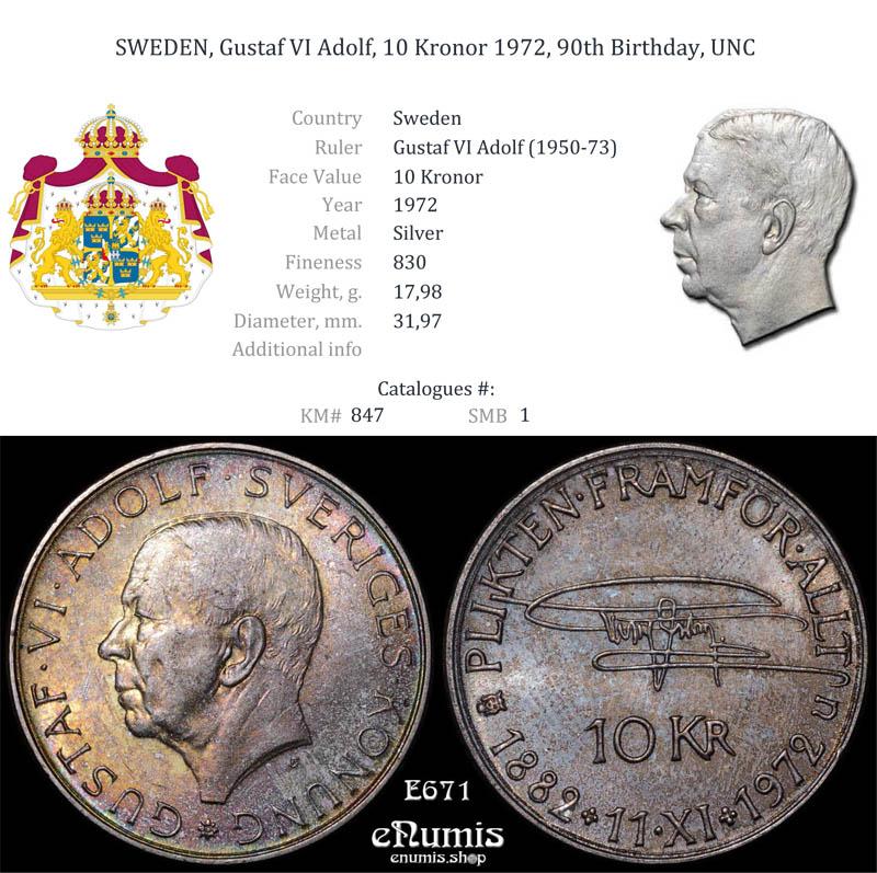 SWEDEN, Gustaf VI Adolf, 10 Kronor 1972, 90th Birthday, UNC