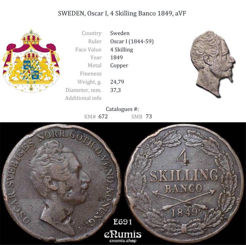 SWEDEN, Oscar I, 4 Skilling Banco 1849, aVF
