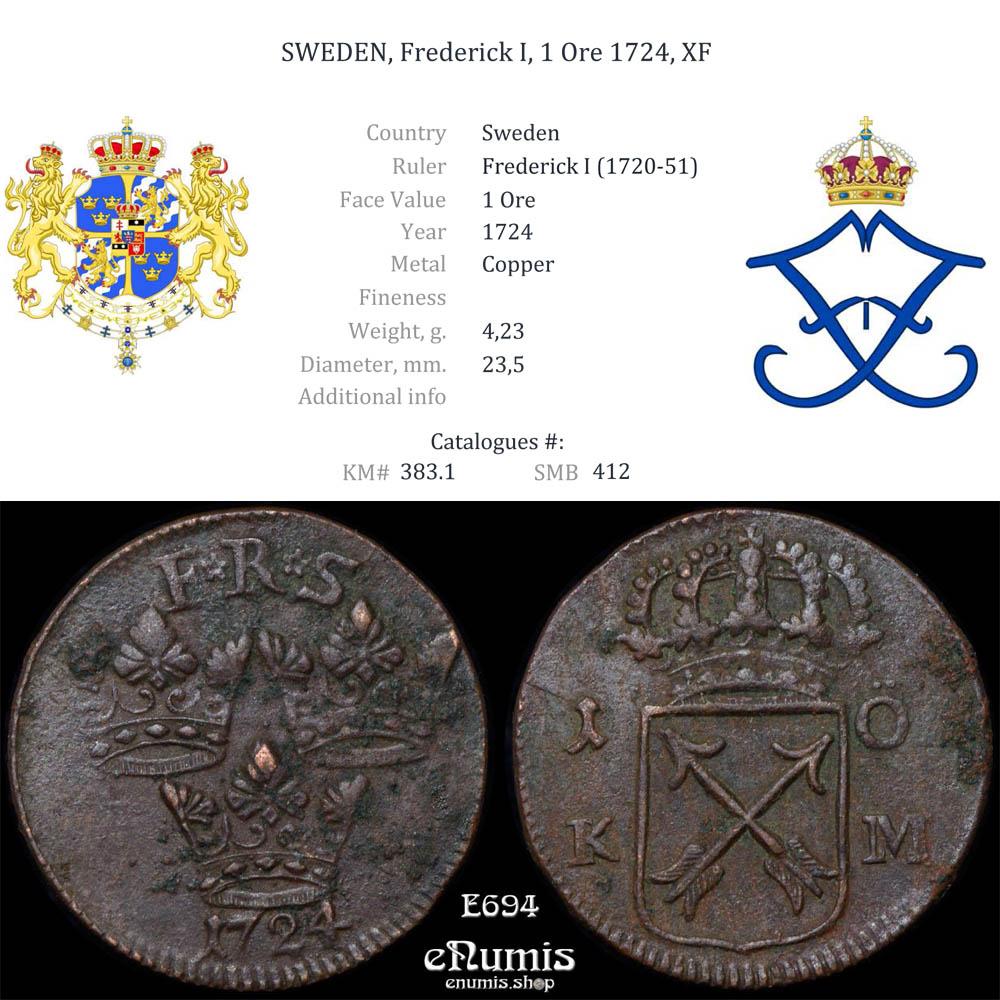 SWEDEN, Frederick I, 1 Ore 1724, XF • eNumis.shop
