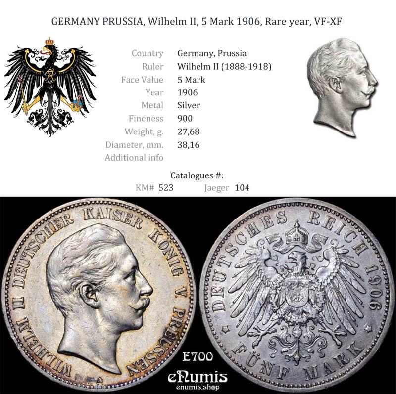 GERMANY PRUSSIA, Wilhelm II, 5 Mark 1906, Rare year, VF-XF