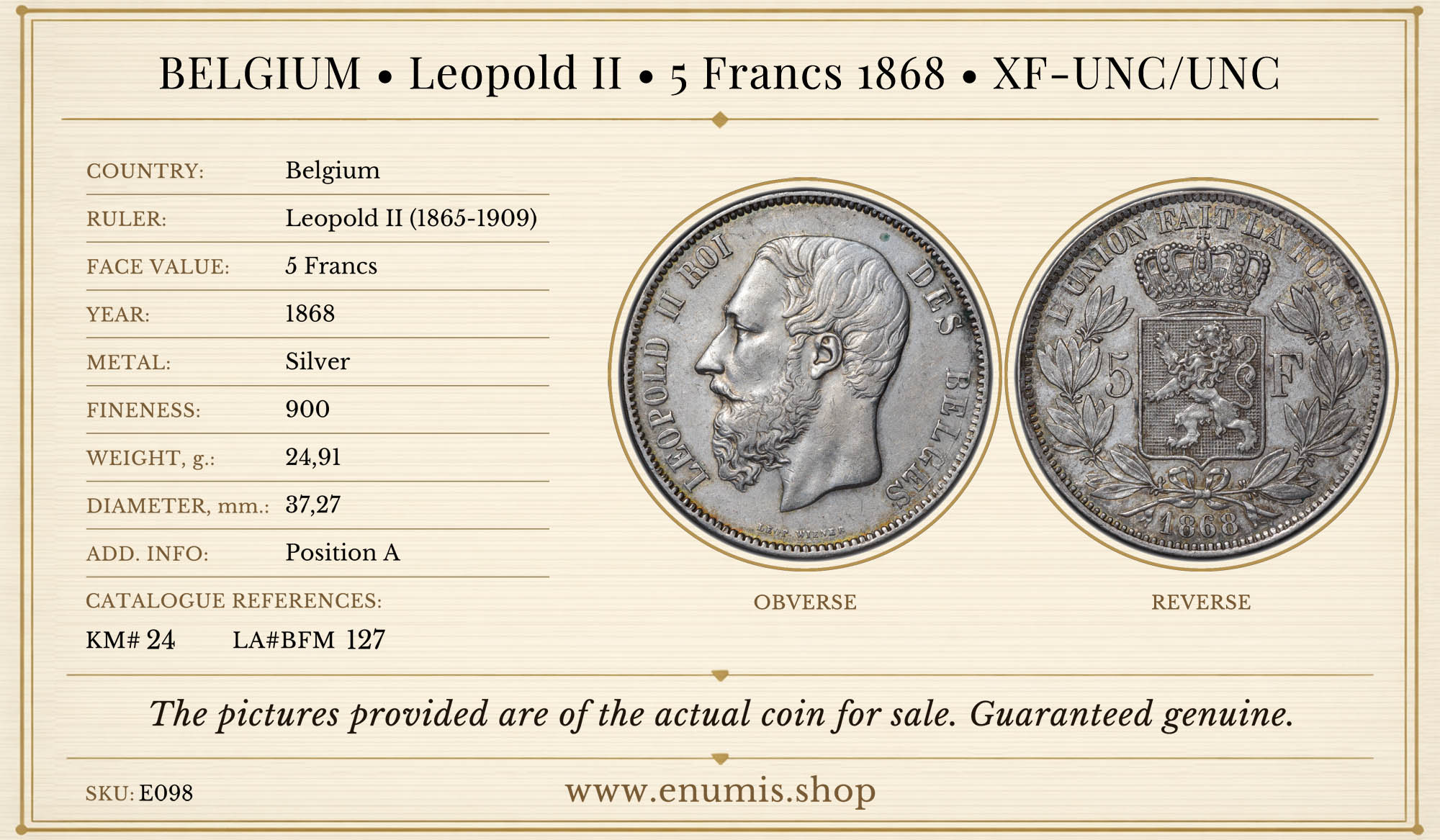 BELGIUM, Leopold II, 5 Francs 1868, XF-UNC/UNC BELGIUM, Leopold II, 5 Francs 1868, XF-UNC/UNC