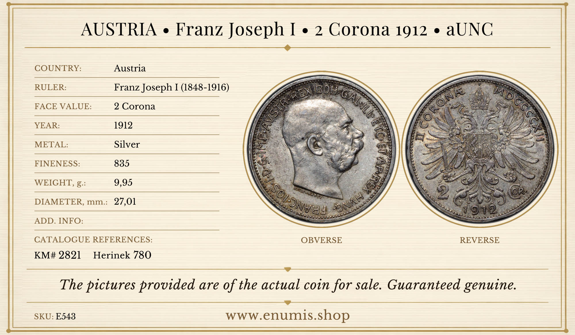 AUSTRIA, Franz Joseph I, 2 Corona 1912, aUNC