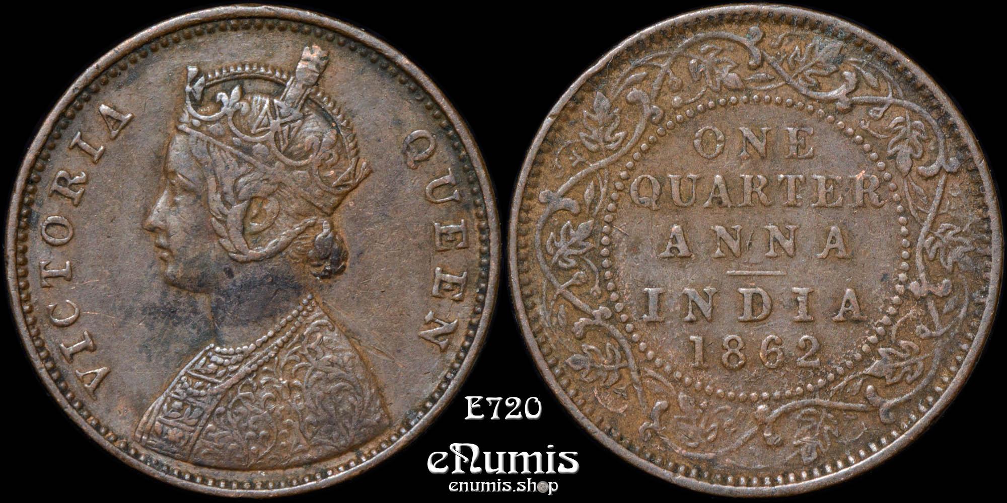 INDIA, Victoria, 1/4 Quarter Anna 1862, Bombay, bead dot, Rare!, VF-XF
