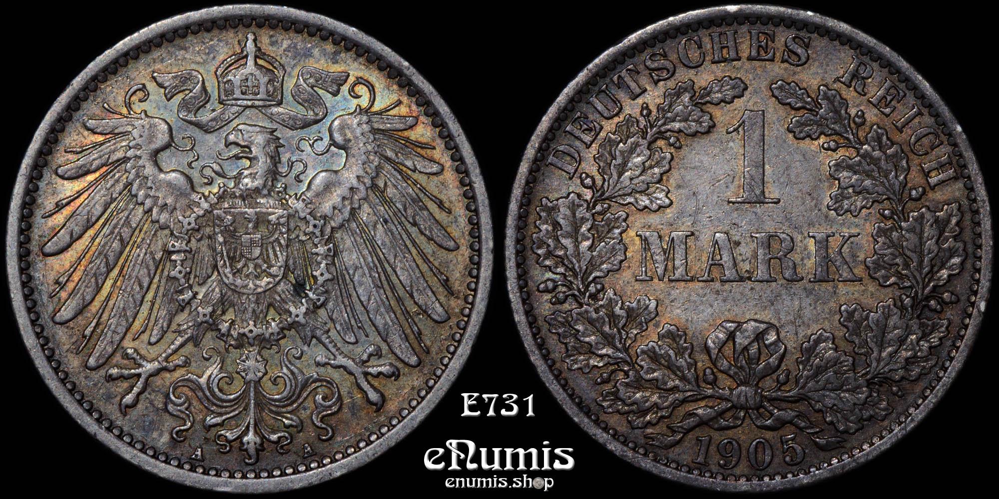 GERMAN EMPIRE, 1 Mark 1905 A, Berlin, toned, XF-UNC