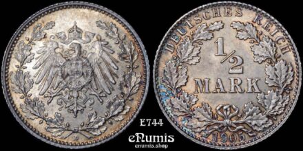 GERMAN EMPIRE, 1/2 Mark 1905 D, Munich, UNC