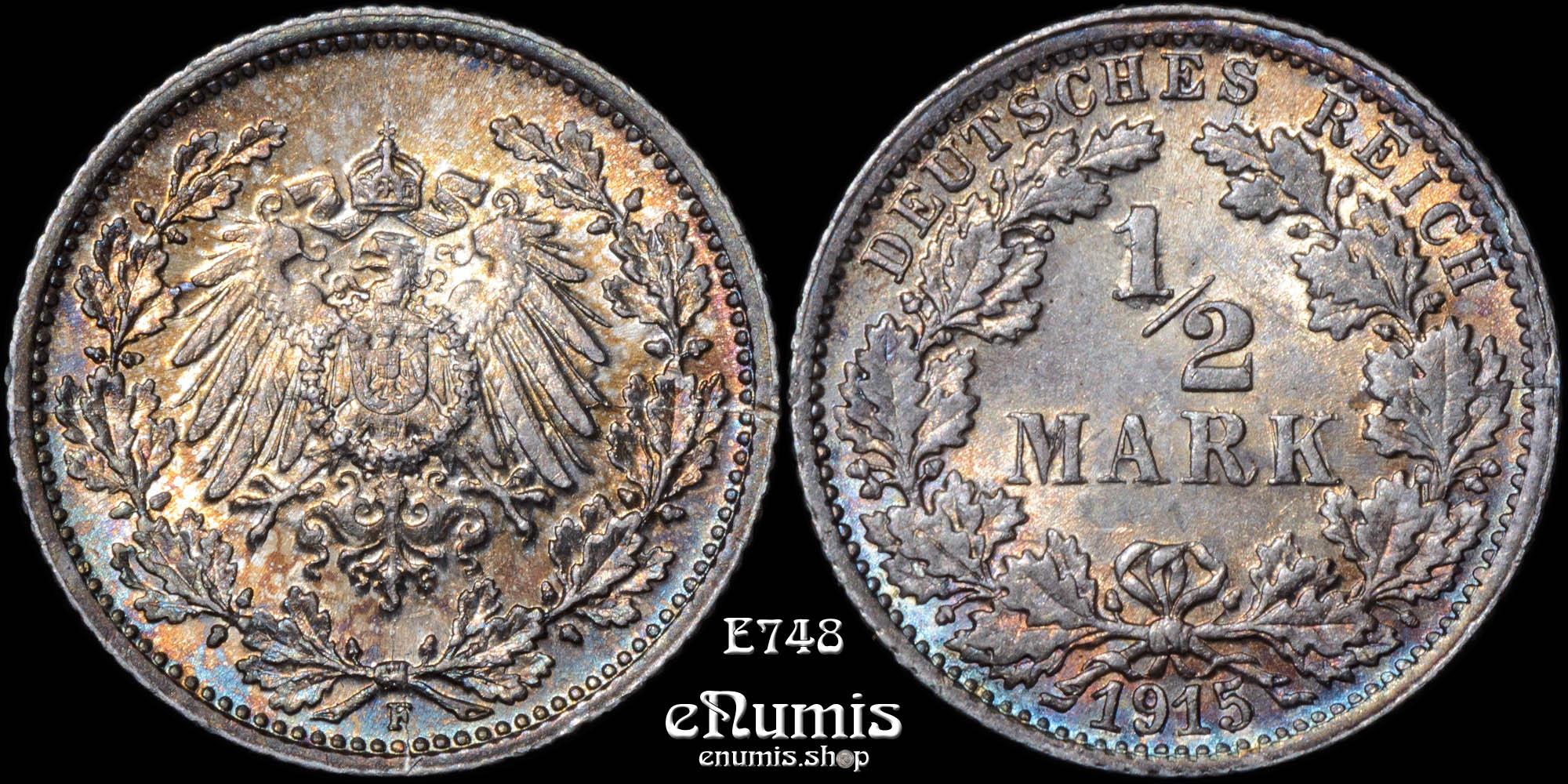 GERMAN EMPIRE, 1/2 Mark 1915 F, Stuttgart, nicely toned, UNC