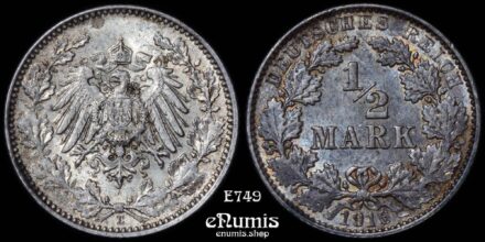 GERMAN EMPIRE, 1/2 Mark 1916 E, Muldenhutten, toned, UNC