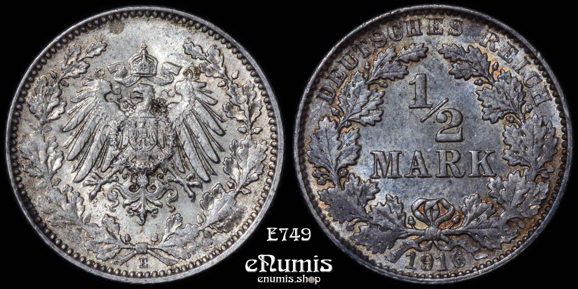 GERMAN EMPIRE, 1/2 Mark 1916 E, Muldenhutten, toned, UNC