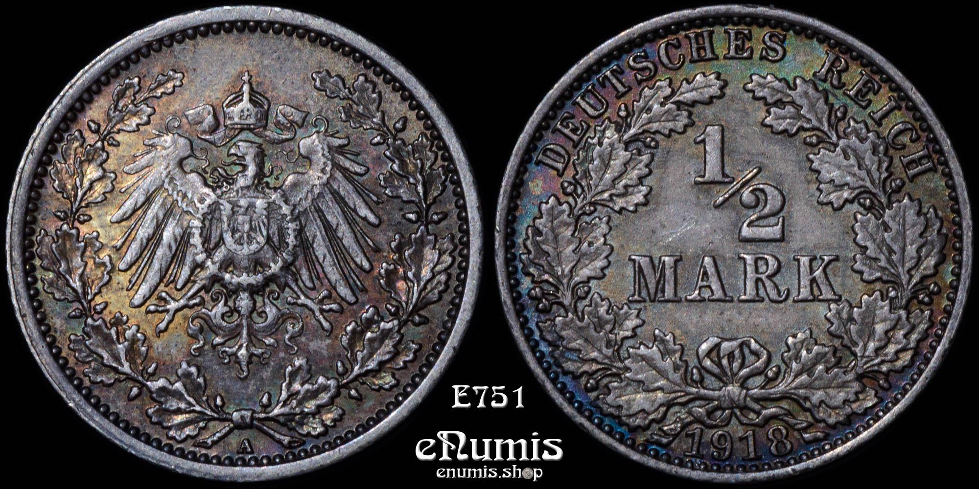 GERMAN EMPIRE, 1/2 Mark 1918 A, Berlin, nicely toned, aUNC