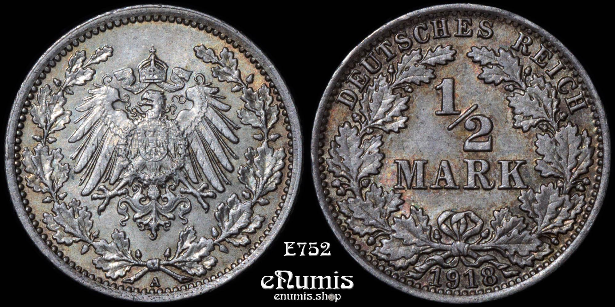 GERMAN EMPIRE, 1/2 Mark 1918 A, Berlin, UNC
