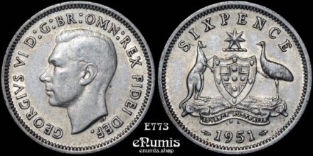 AUSTRALIA, George VI, 6 Pence Sixpence 1951 PL, aUNC