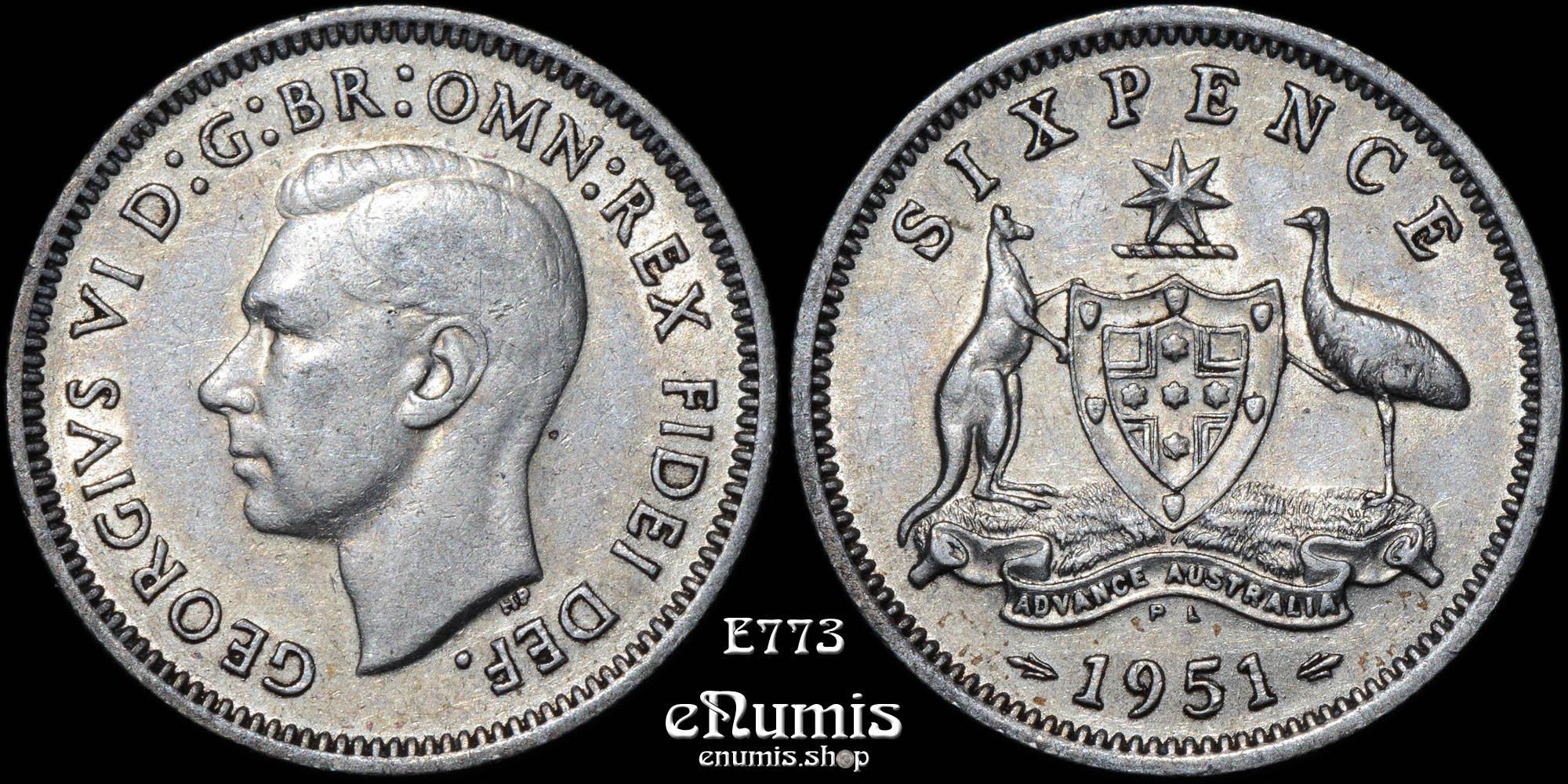 AUSTRALIA, George VI, 6 Pence Sixpence 1951 PL, aUNC