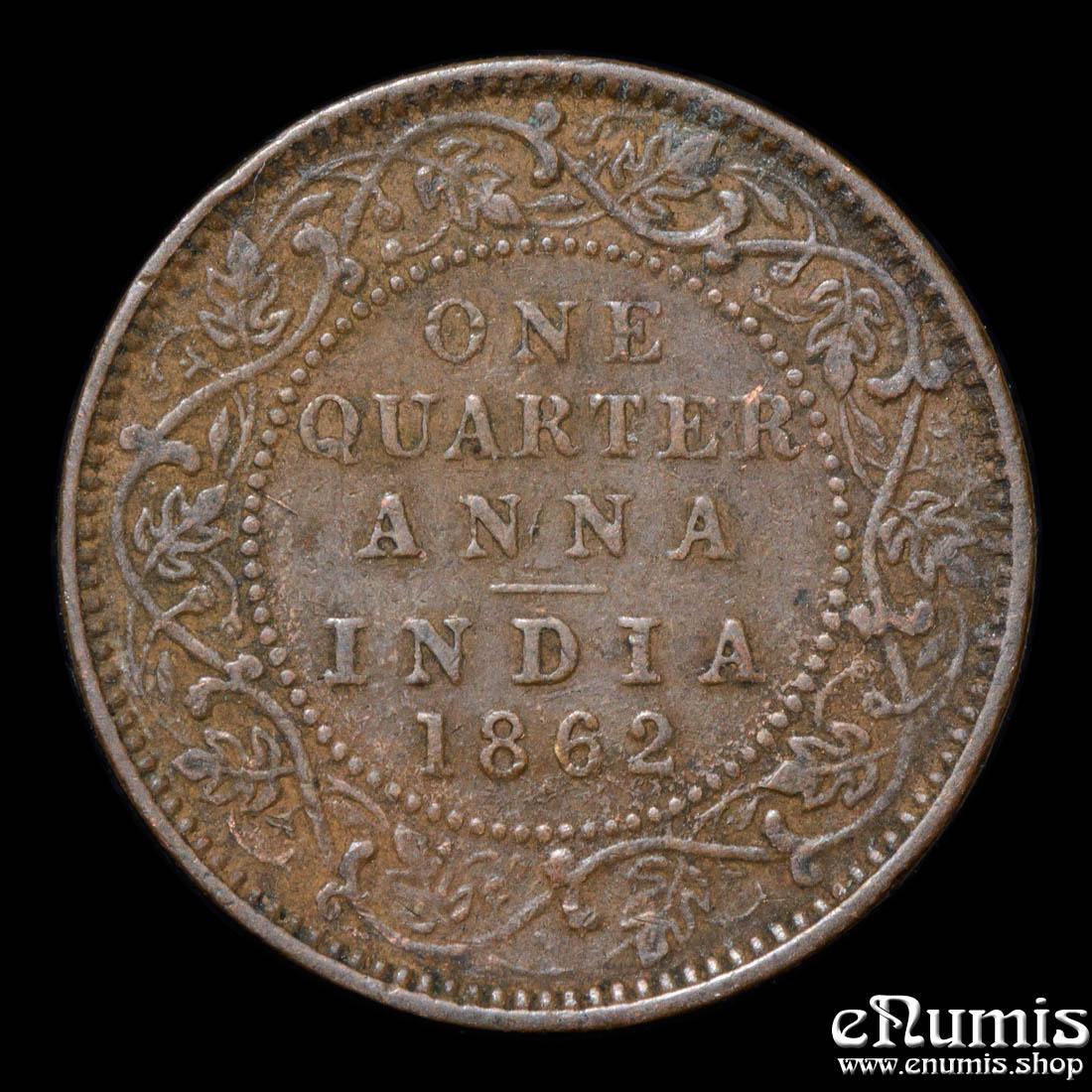 INDIA, Victoria, 1/4 Quarter Anna 1862, Bombay, bead dot, Rare!, VF-XF