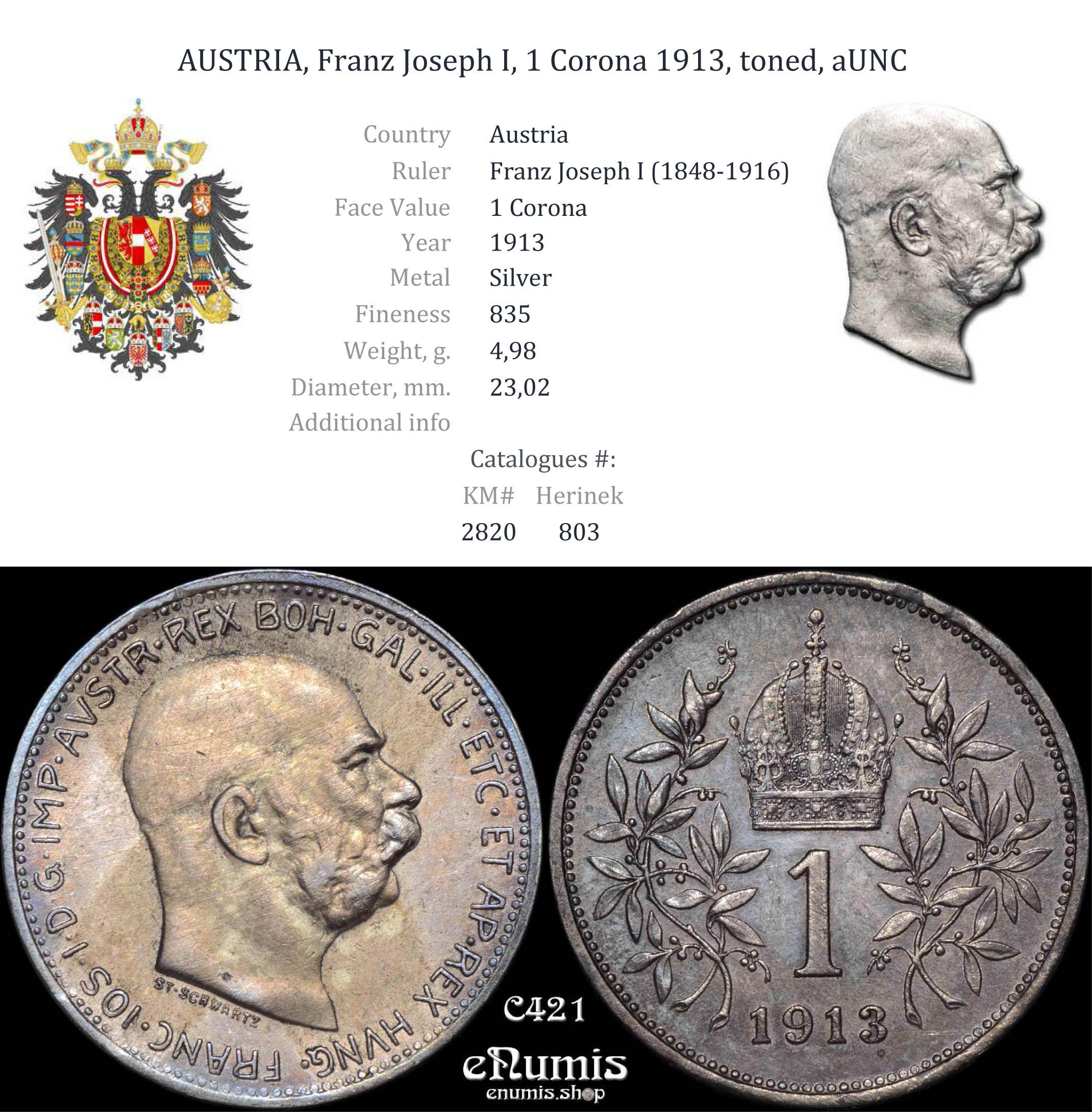 AUSTRIA, Franz Joseph I, 1 Corona 1913, toned, aUNC