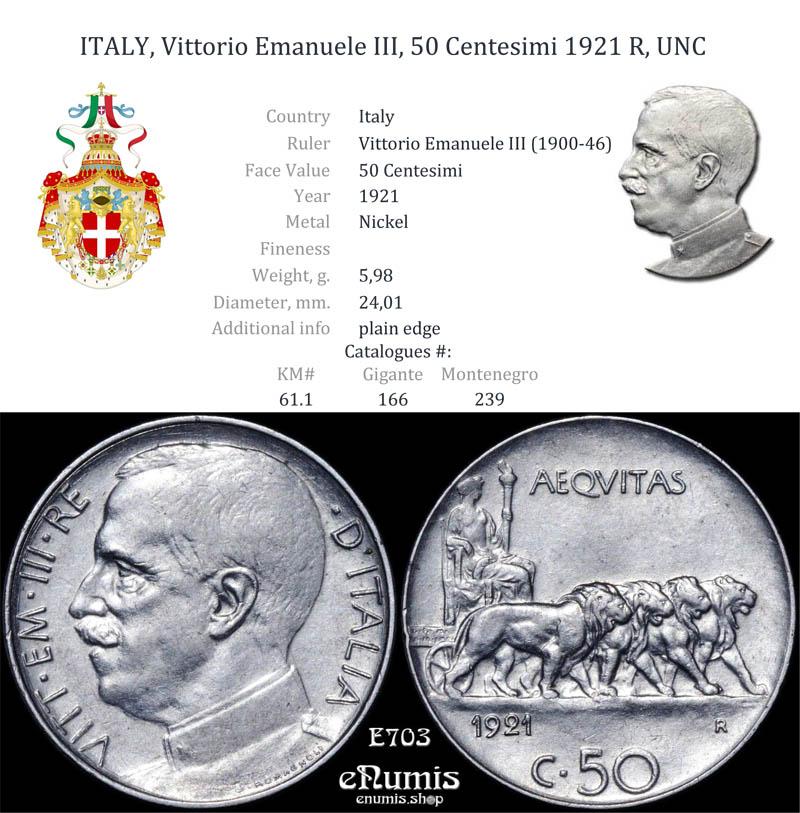 ITALY, Vittorio Emanuele III, 50 Centesimi 1921 R, UNC ITALY, Vittorio Emanuele III, 50 Centesimi 1921 R, UNC