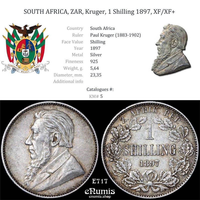 SOUTH AFRICA, ZAR, Kruger, 1 Shilling 1897, XF/XF+