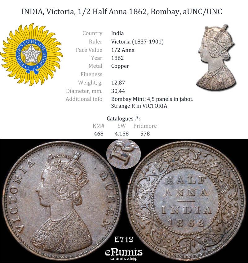 INDIA, Victoria, 1/2 Half Anna 1862, Bombay, aUNC/UNC