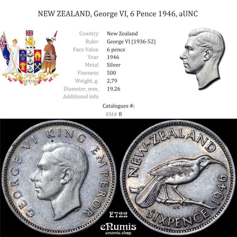 NEW ZEALAND, George VI, 6 Pence 1946, aUNC