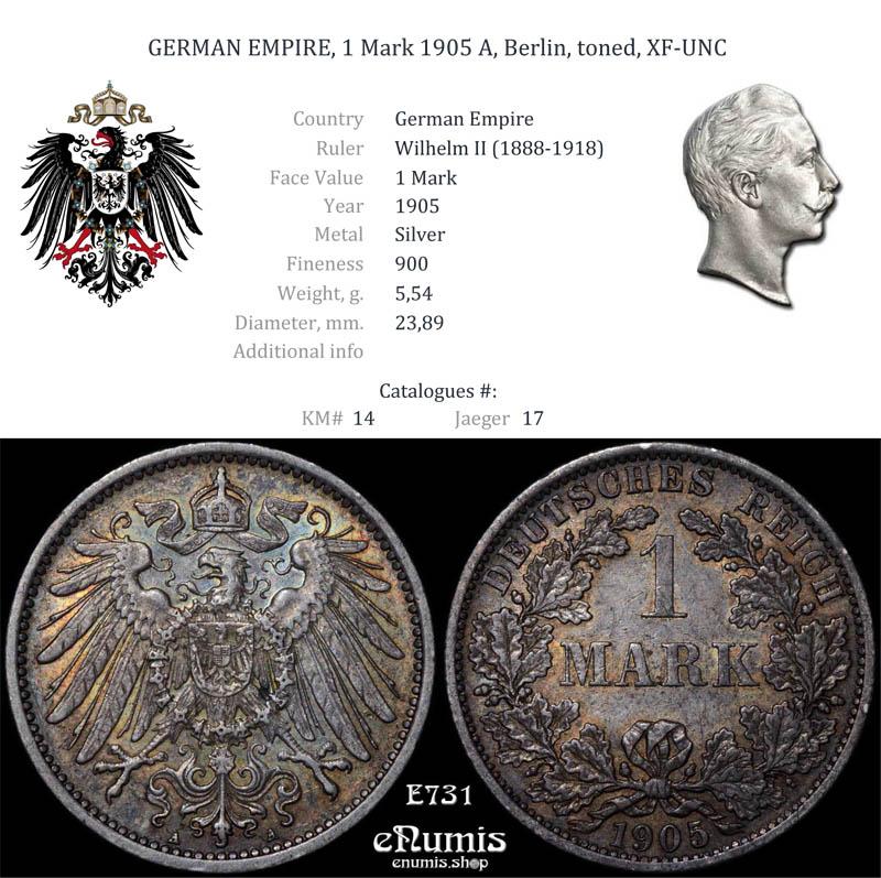 GERMAN EMPIRE, 1 Mark 1905 A, Berlin, toned, XF-UNC