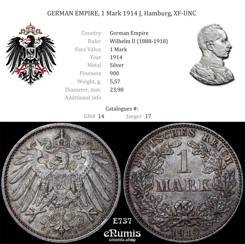 GERMAN EMPIRE, 1 Mark 1914 J, Hamburg, XF-UNC