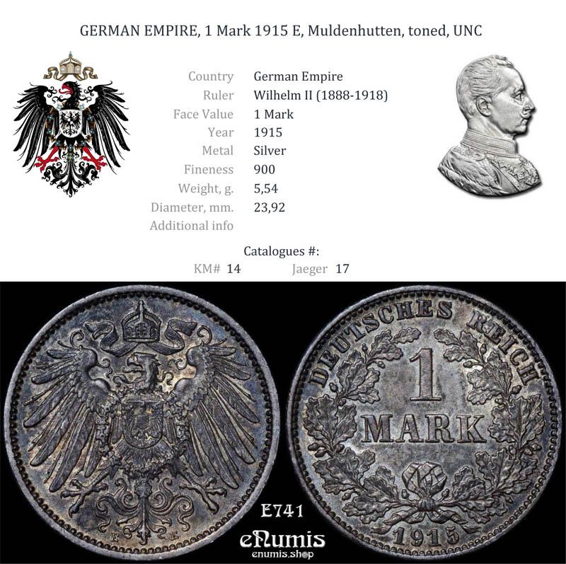 GERMAN EMPIRE, 1 Mark 1915 E, Muldenhutten, toned, UNC GERMAN EMPIRE, 1 Mark 1915 E, Muldenhutten, toned, UNC