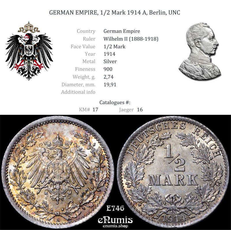 GERMAN EMPIRE, 1/2 Mark 1914 A, Berlin, UNC