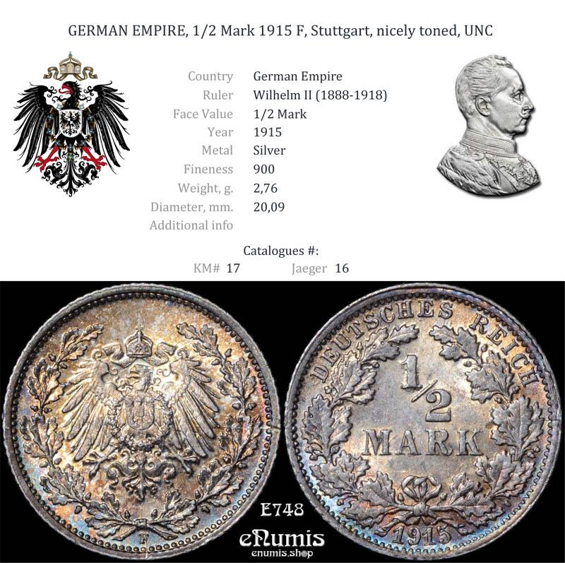 GERMAN EMPIRE, 1/2 Mark 1915 F, Stuttgart, nicely toned, UNC