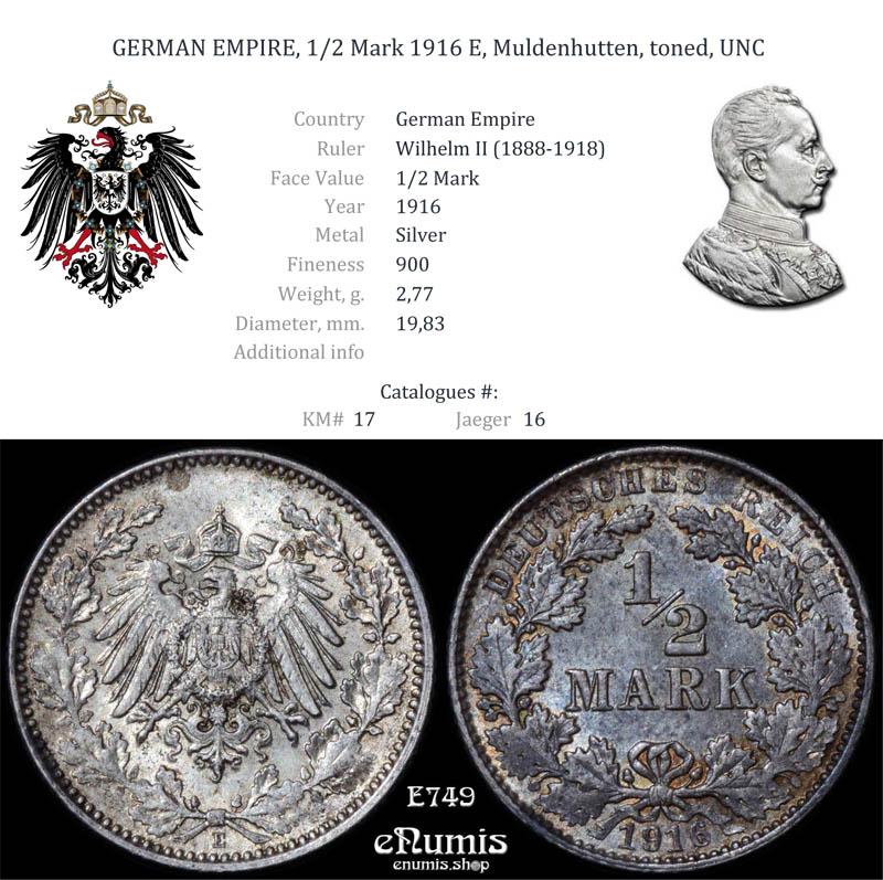 GERMAN EMPIRE, 1/2 Mark 1916 E, Muldenhutten, toned, UNC
