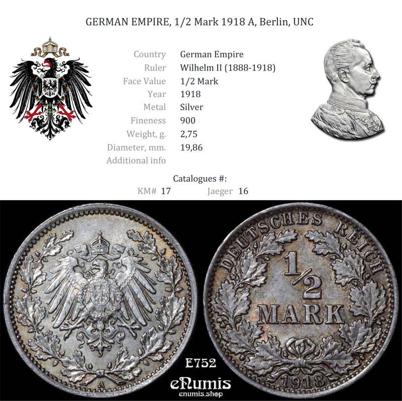 GERMAN EMPIRE, 1/2 Mark 1918 A, Berlin, UNC