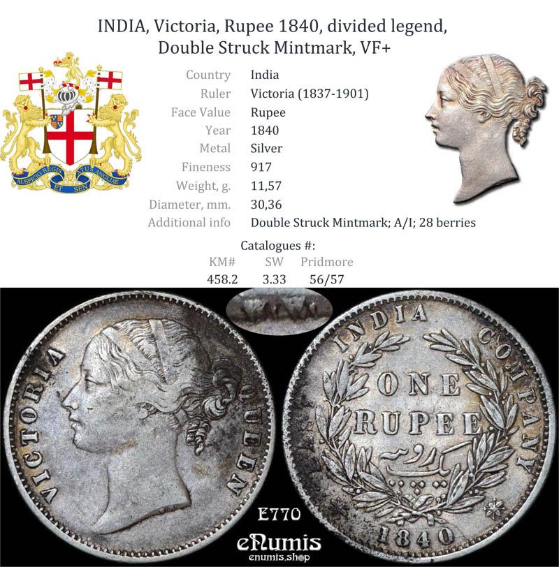 INDIA, Victoria, Rupee 1840, divided legend, Double Struck Mintmark, VF+