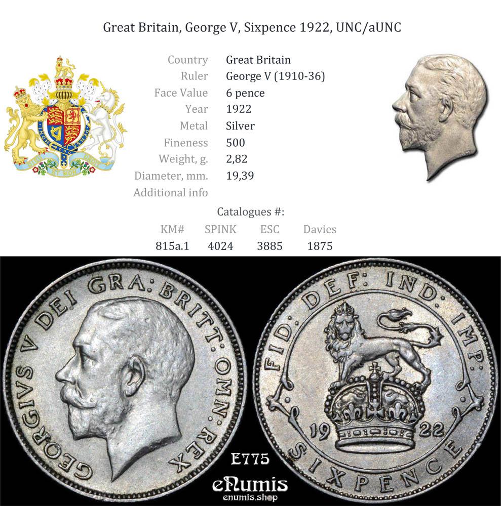 Great Britain, George V, Sixpence 1922, UNC/aUNC Great Britain, George V, Sixpence 1922, UNC/aUNC