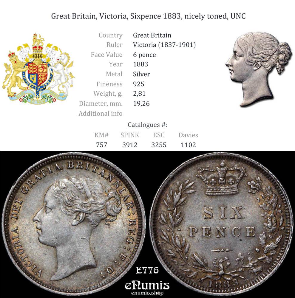 Great Britain, Victoria, Sixpence 1883, nicely toned, UNC Great Britain, Victoria, Sixpence 1883, nicely toned, UNC