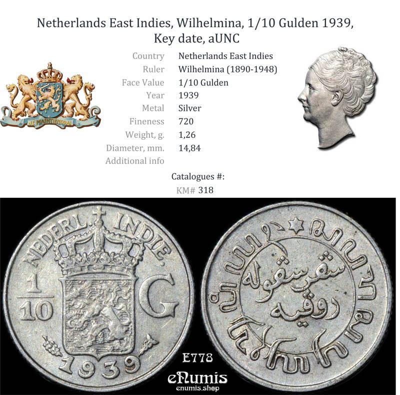Netherlands East Indies, Wilhelmina, 1/10 Gulden 1939, Key date, aUNC