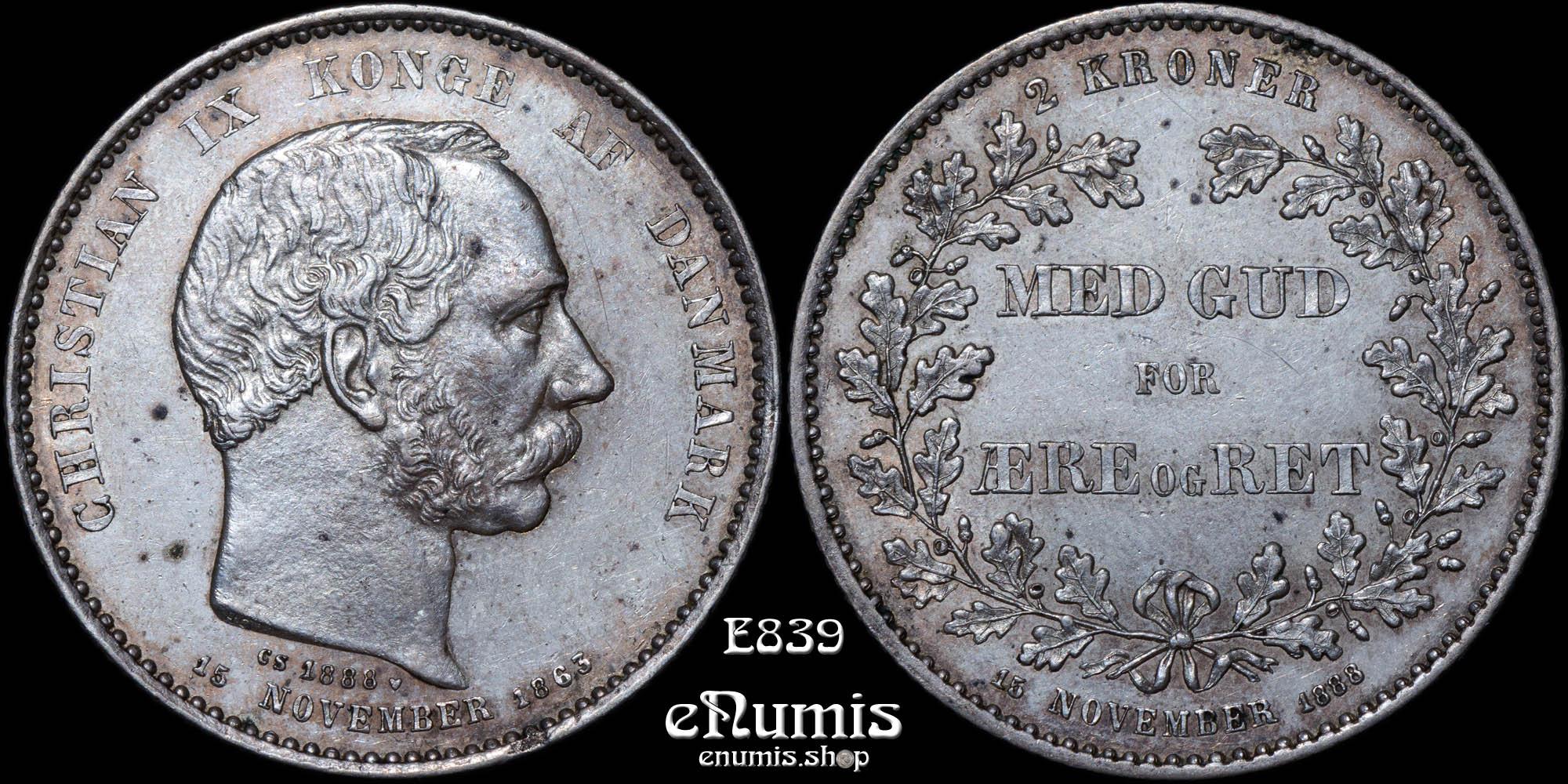 DENMARK, Christian IX, 2 Kroner 1888, 25th Anniversary of Reign, XF-UNC