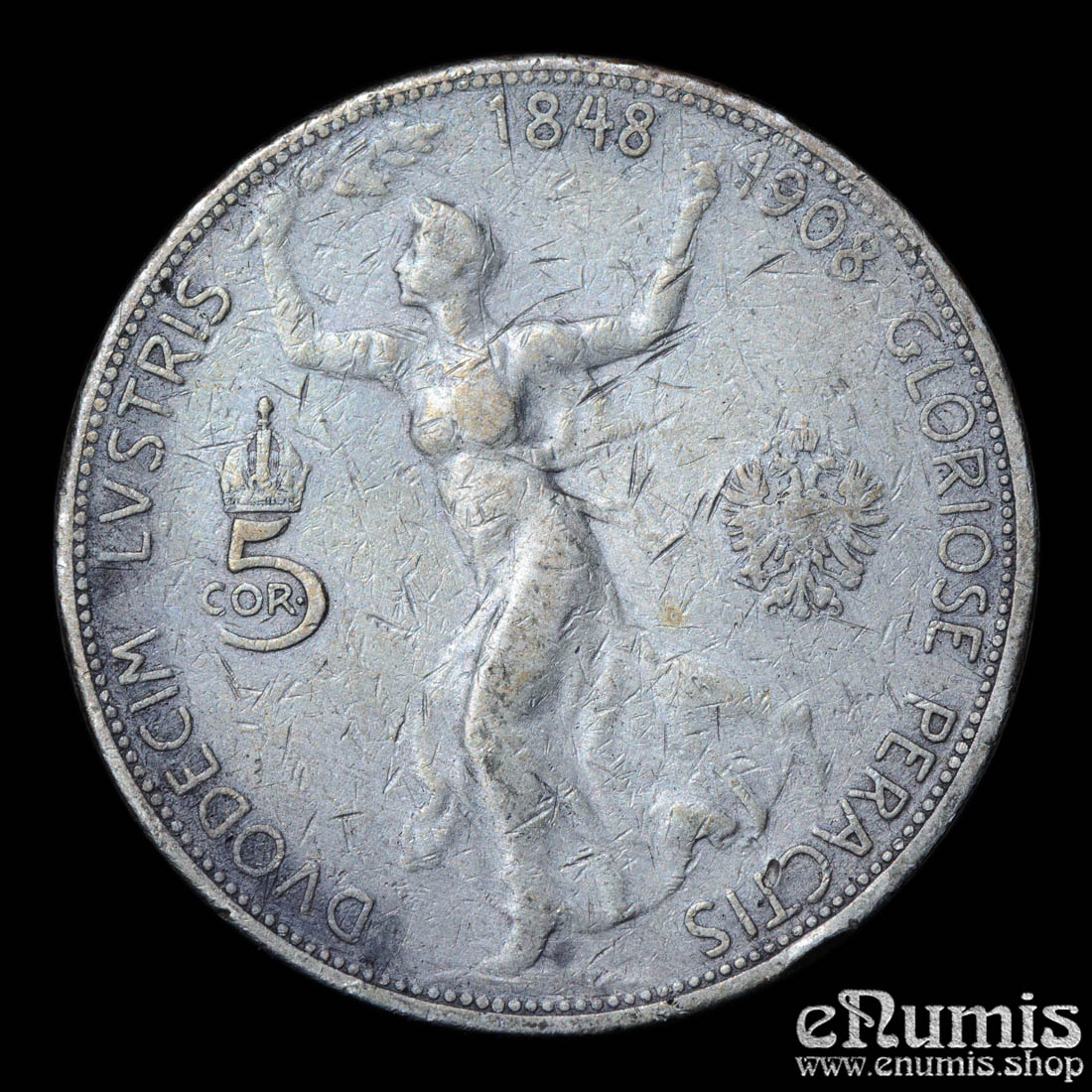 AUSTRIA, Franz Joseph I, 5 Corona 1908, 60th anniversary of reign, VF