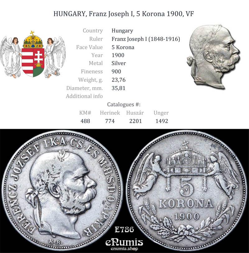 HUNGARY, Franz Joseph I, 5 Korona 1900, VF