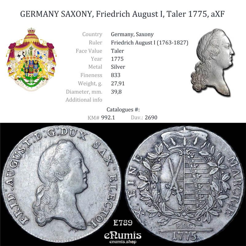 GERMANY SAXONY, Friedrich August I, Taler 1775, aXF