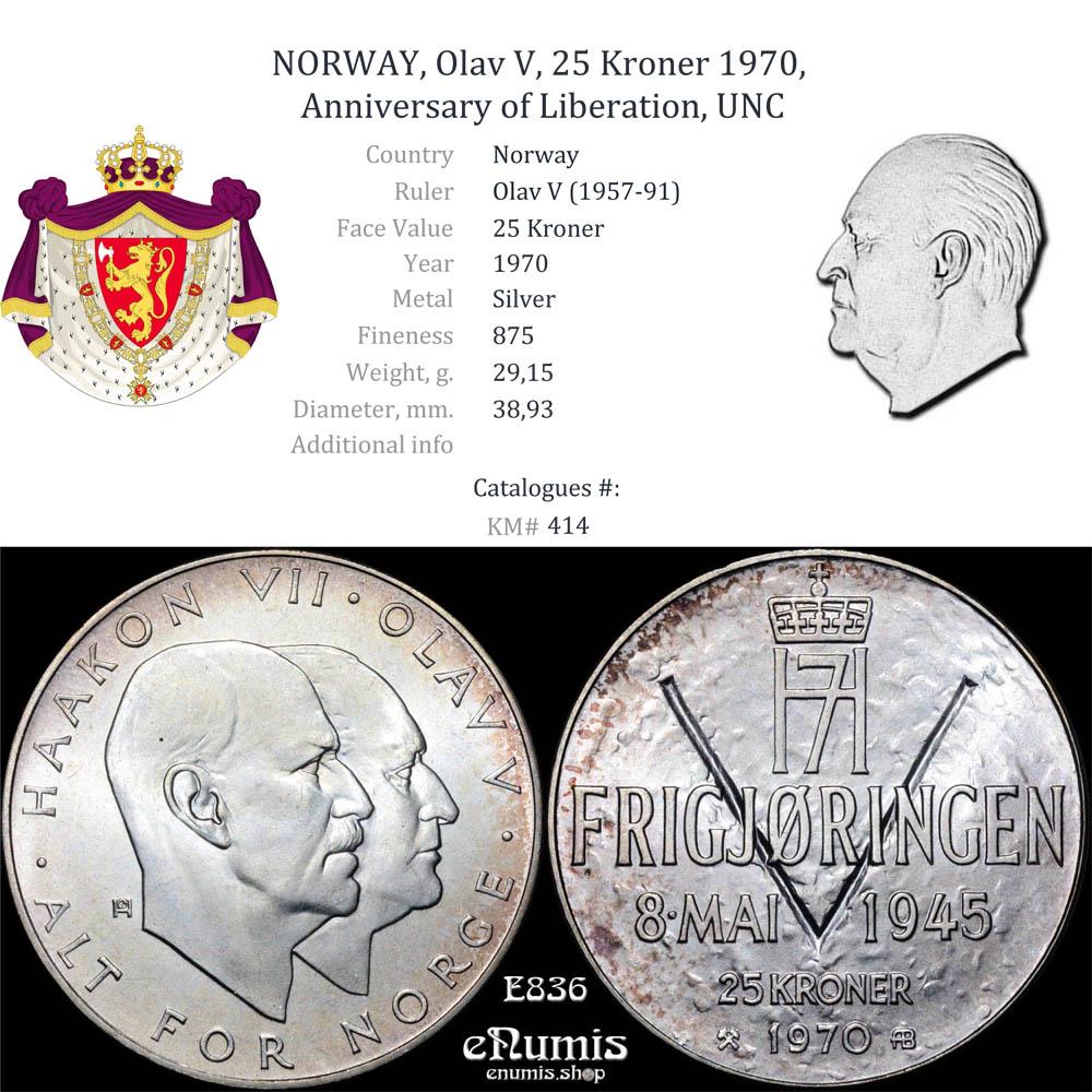 NORWAY, Olav V, 25 Kroner 1970, Anniversary of Liberation, UNC