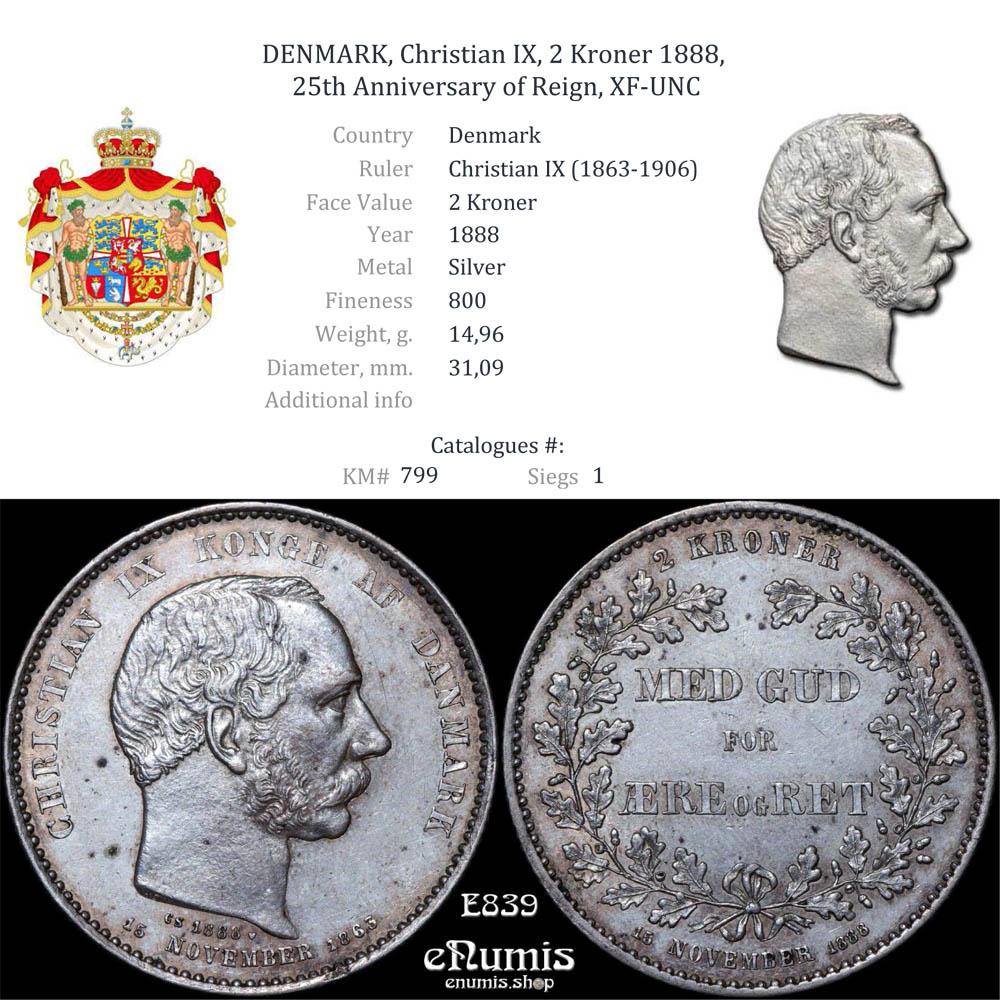 DENMARK, Christian IX, 2 Kroner 1888, 25th Anniversary of Reign, XF-UNC
