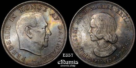 DENMARK, Frederick IX, 5 Kroner 1964, Wedding of Princess Anne Marie, toned, UNC