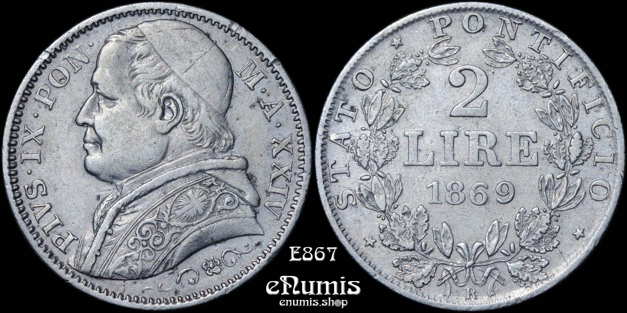 PAPAL STATES, VATICAN, Pius IX, 2 Lire 1869 R, XXIV, aXF