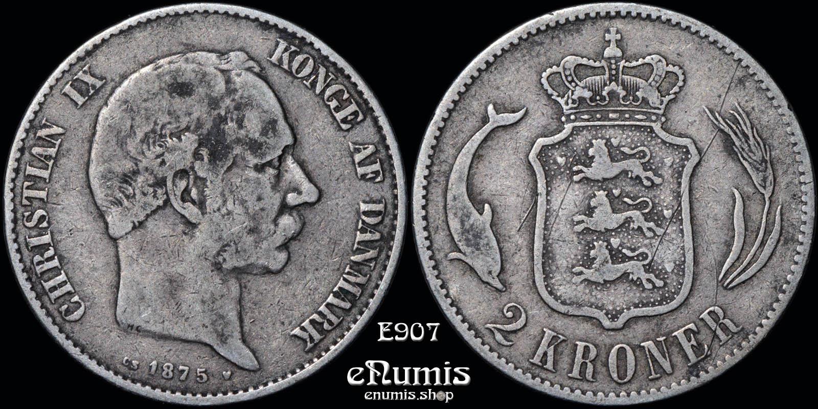 DENMARK, Christian IX, 2 Kroner 1875 HC//CS, VF
